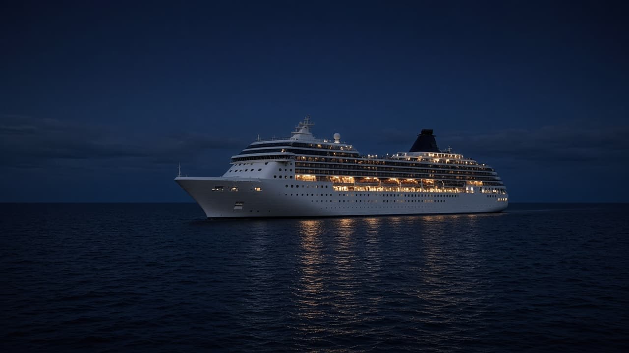 A cruise ship on calm water at dusk.