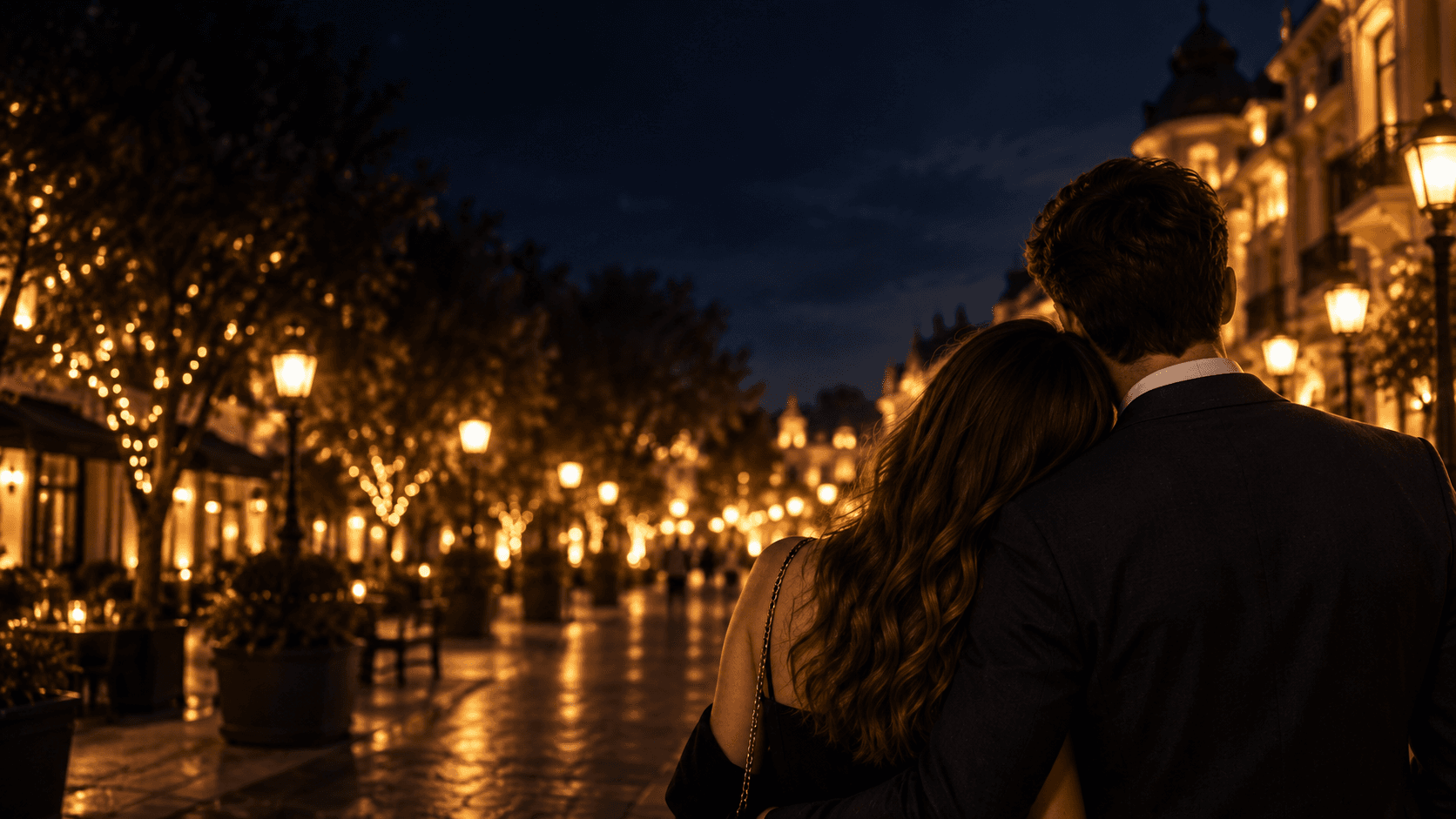 A couple looking down an elegant avenue lined with glowing streetlamps.