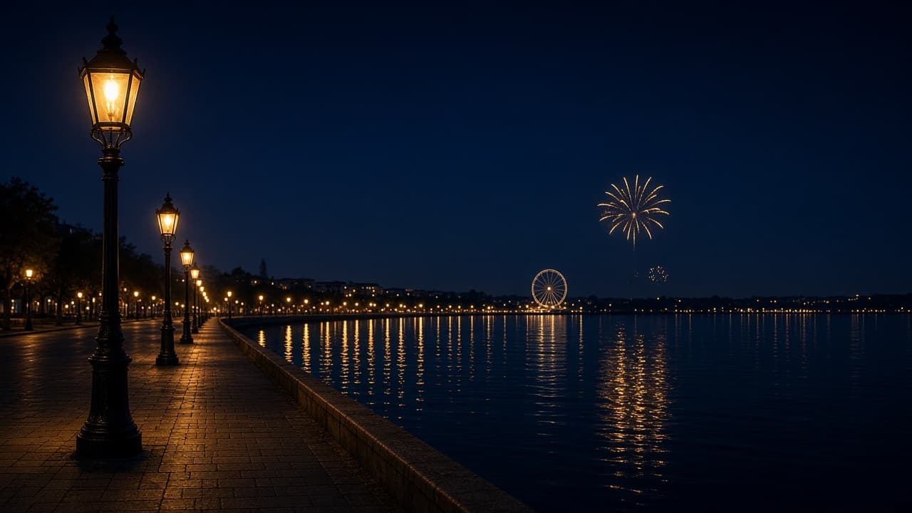 A lamp-lit promenade beside dark water under a navy sky.